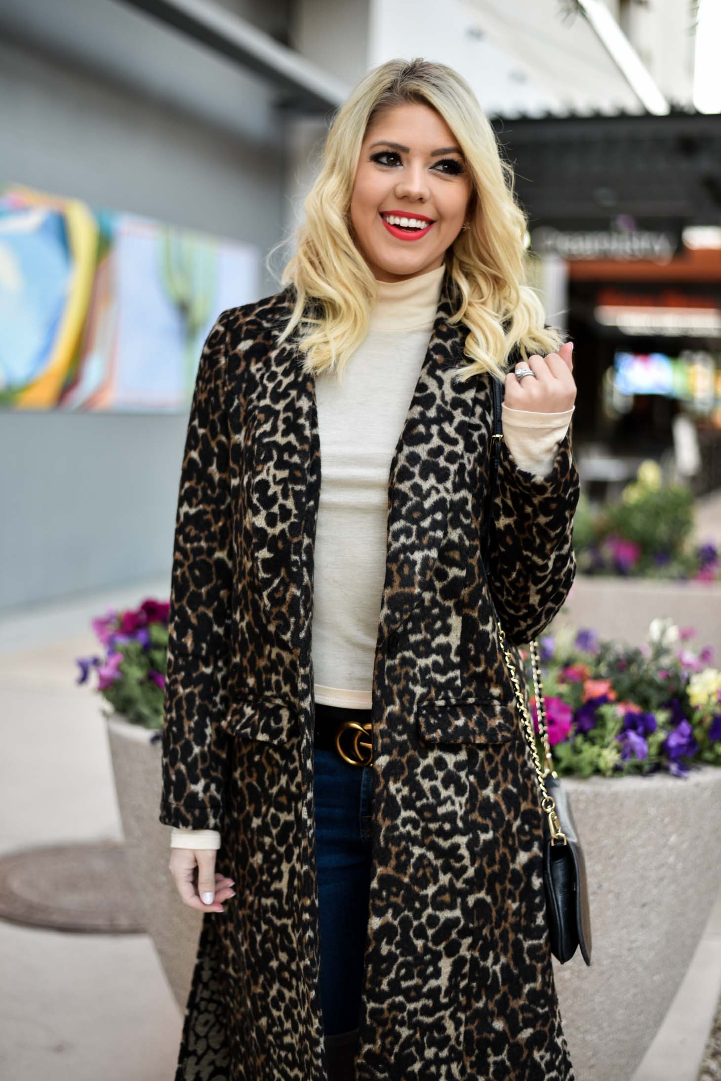 Erin Elizabeth of Wink and a Twirl in Nordstrom Leith Leopard Coat
