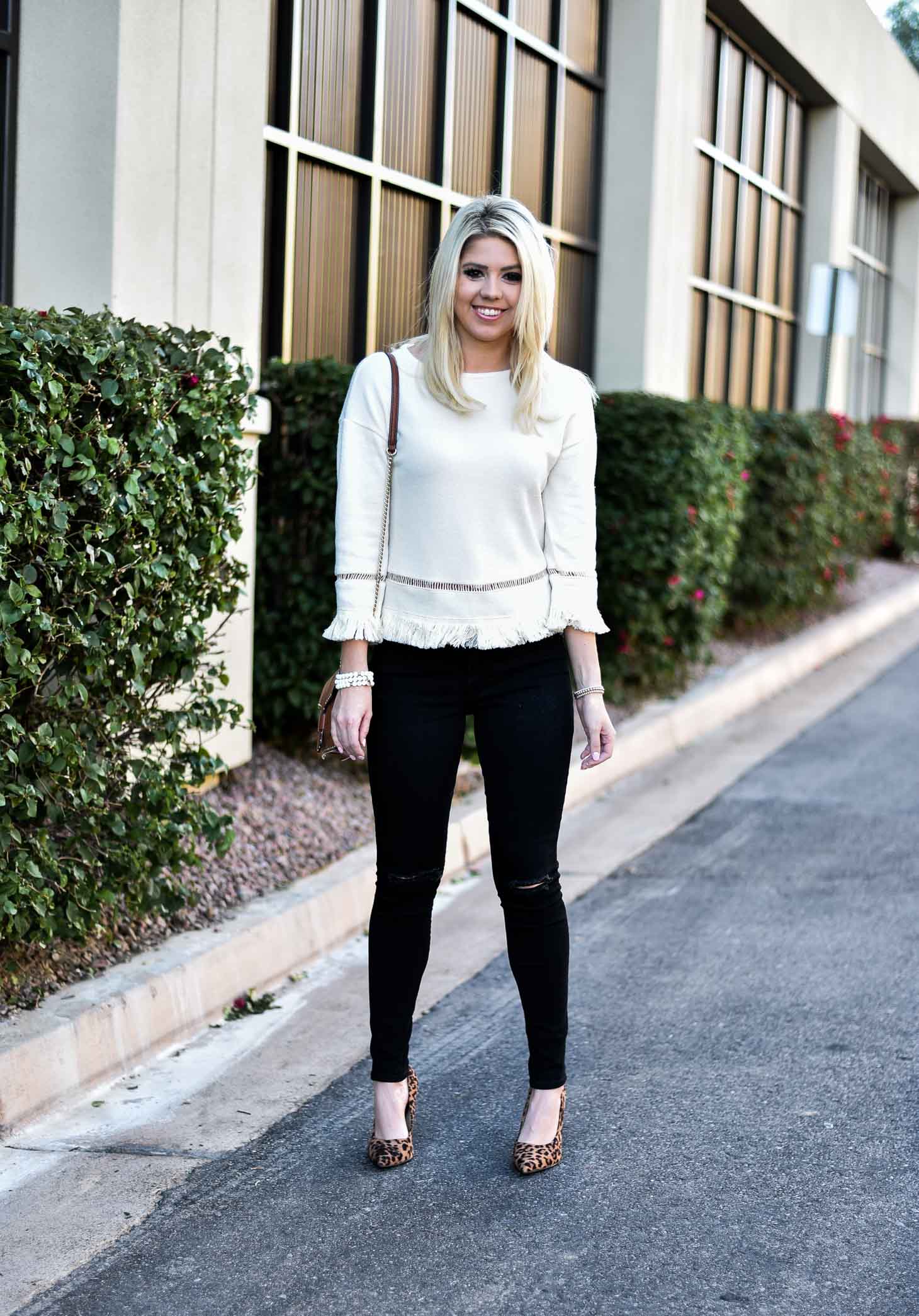 Erin Elizabeth of Wink and a Twirl in Cream Fringe Top by VIS