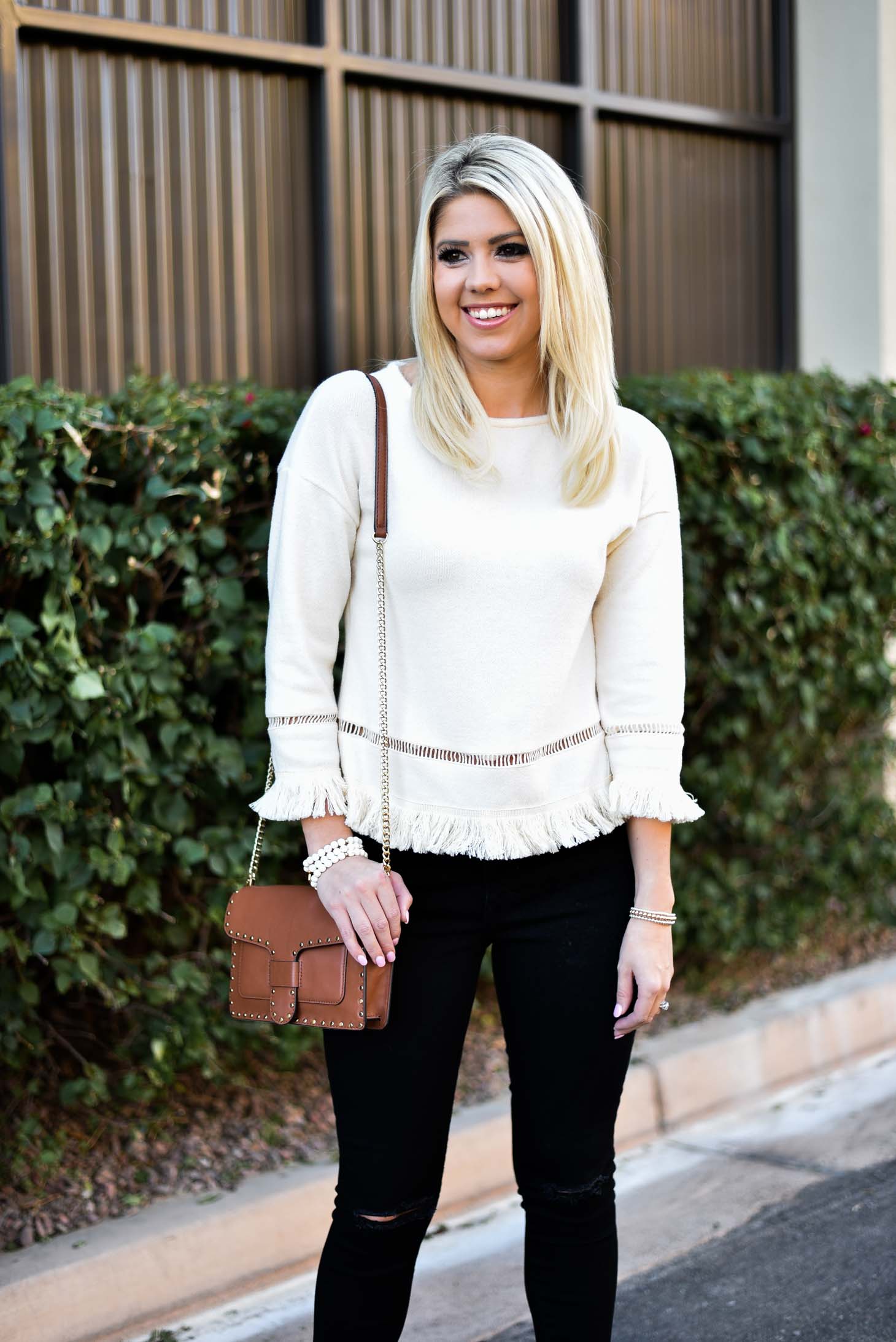 Erin Elizabeth of Wink and a Twirl in Cream Fringe Top by VIS