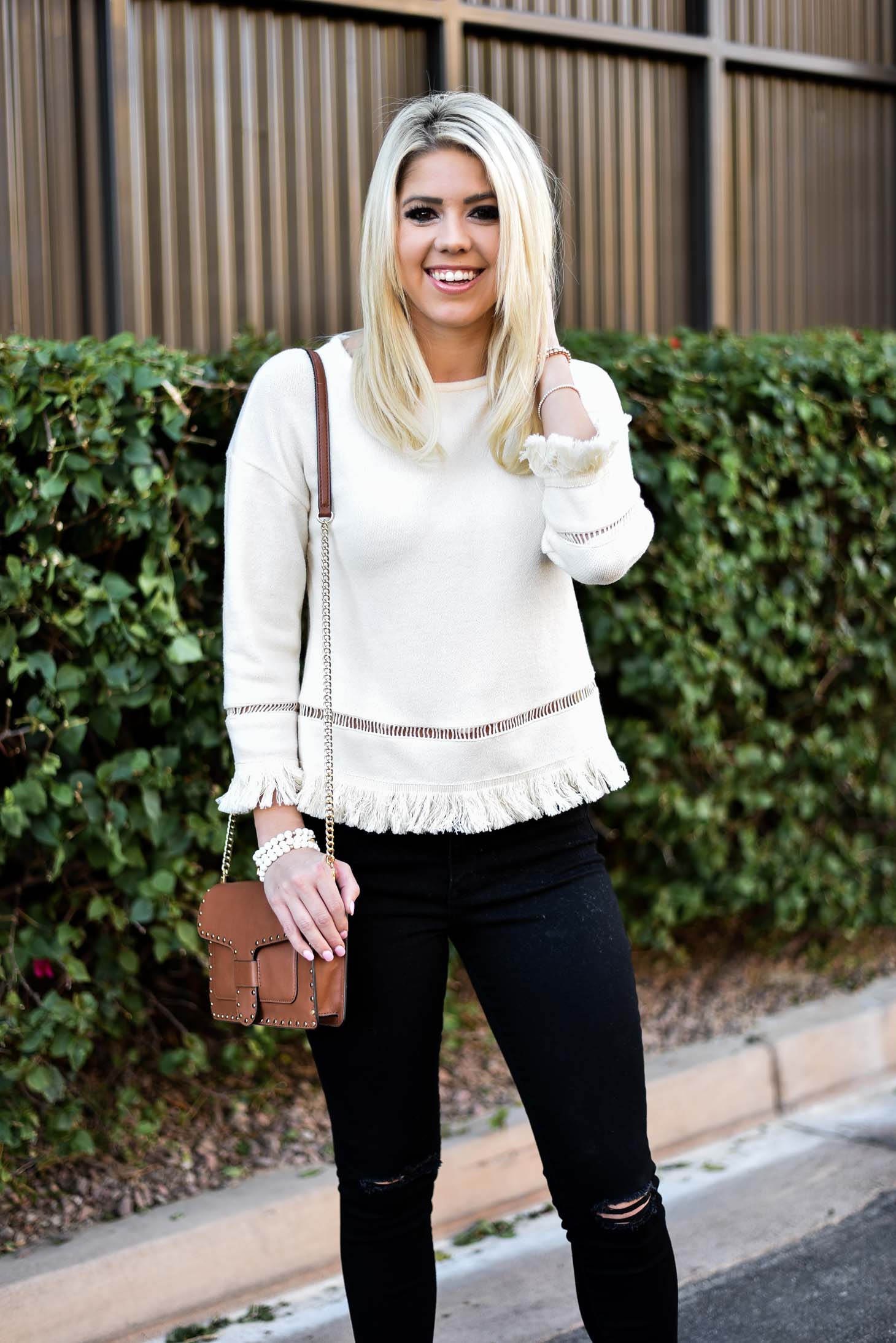 Erin Elizabeth of Wink and a Twirl in Cream Fringe Top by VIS