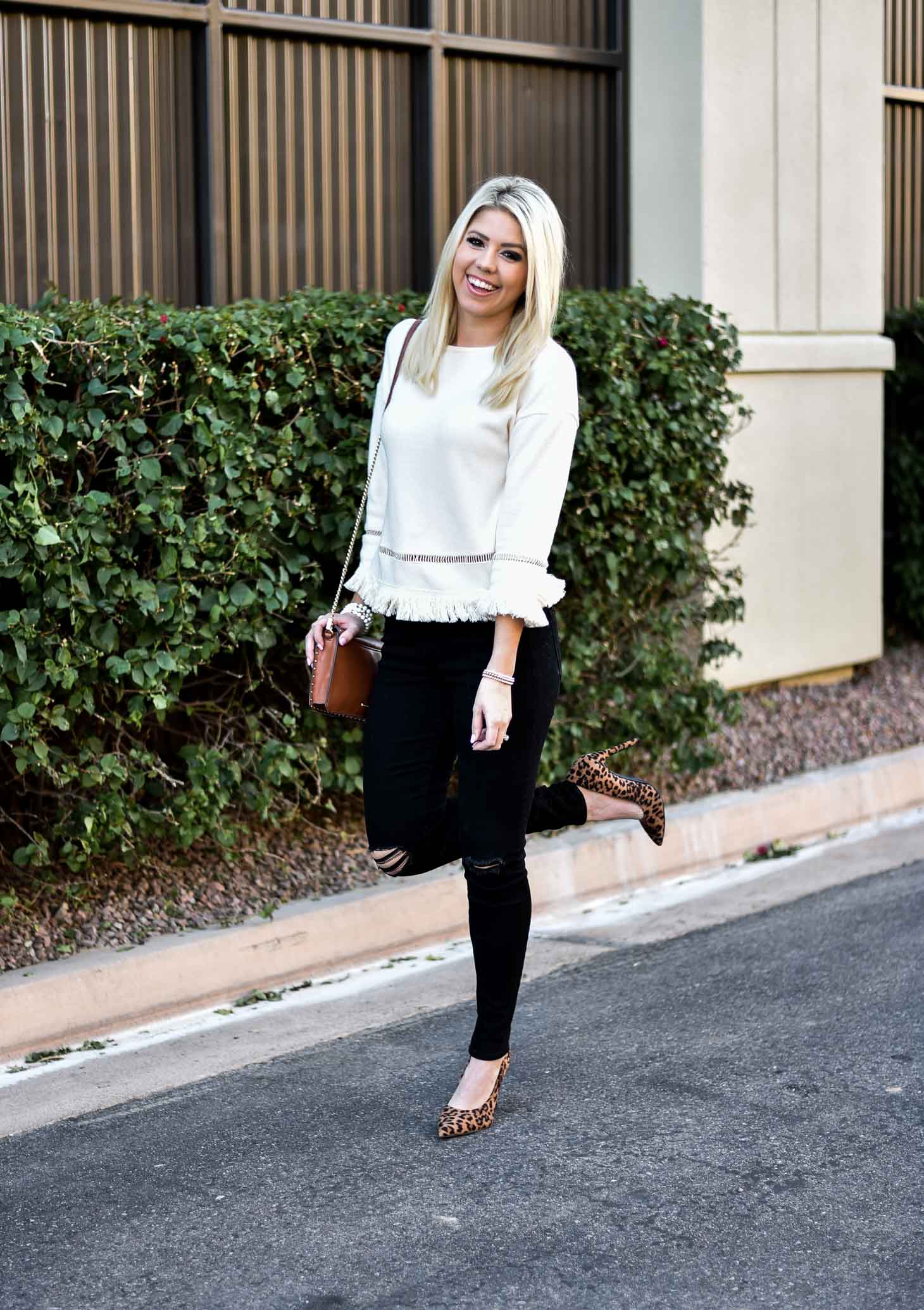 Erin Elizabeth of Wink and a Twirl in Cream Fringe Top by VIS