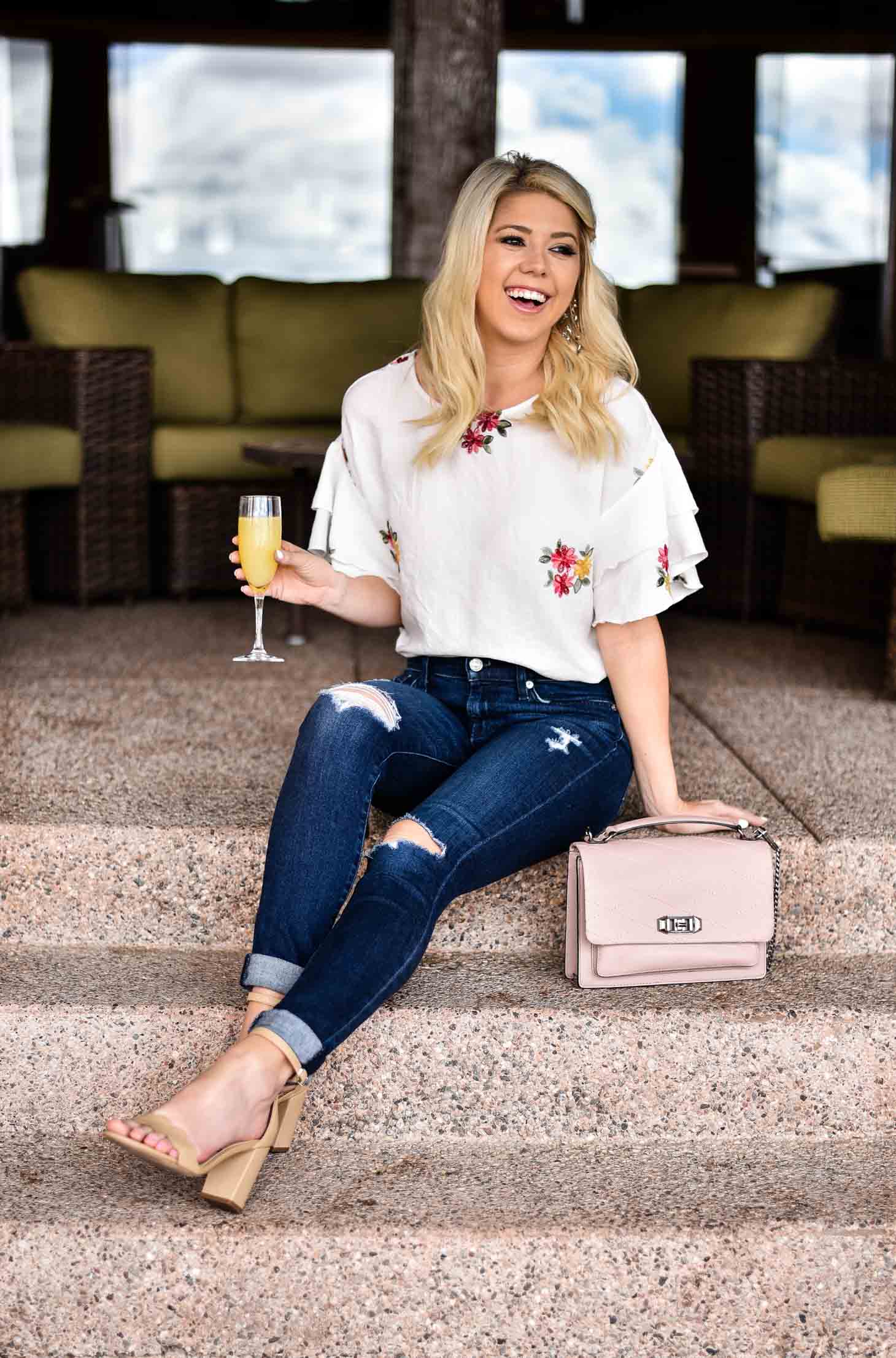 Erin Elizabeth of Wink and a Twirl in Forever 21 Spring Floral Top and Denim