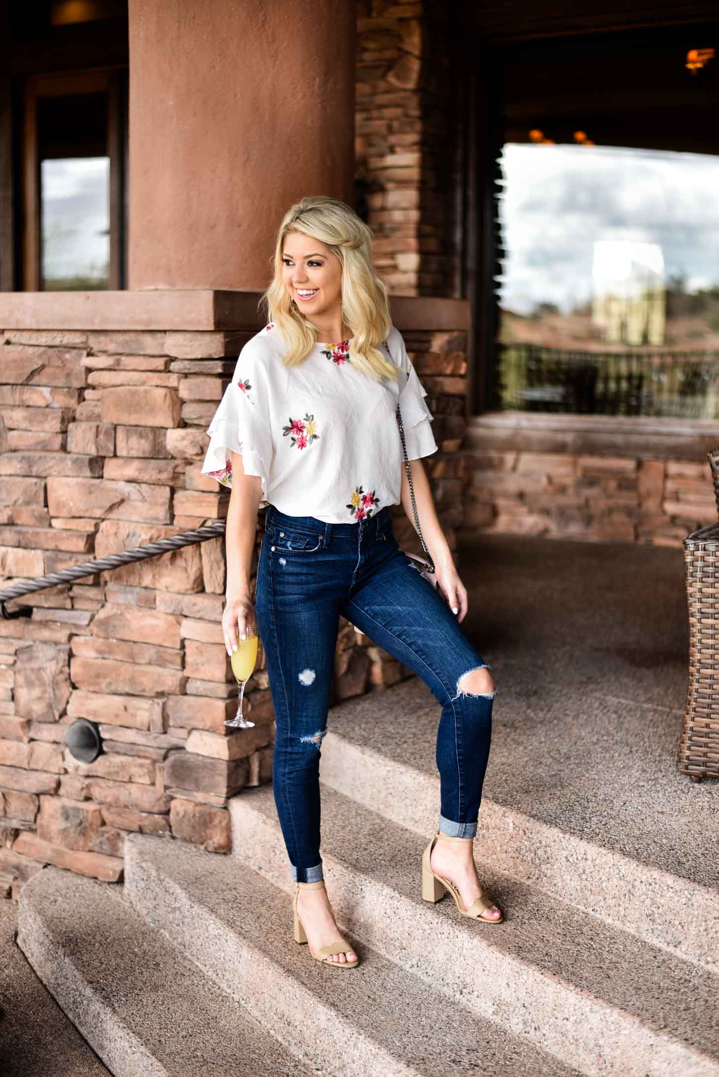 Erin Elizabeth of Wink and a Twirl in Forever 21 Spring Floral Top and Denim