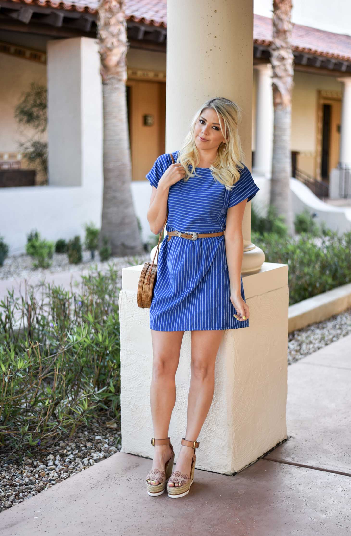 Erin Elizabeth of Wink and a Twirl in Spring Striped Blue Dress