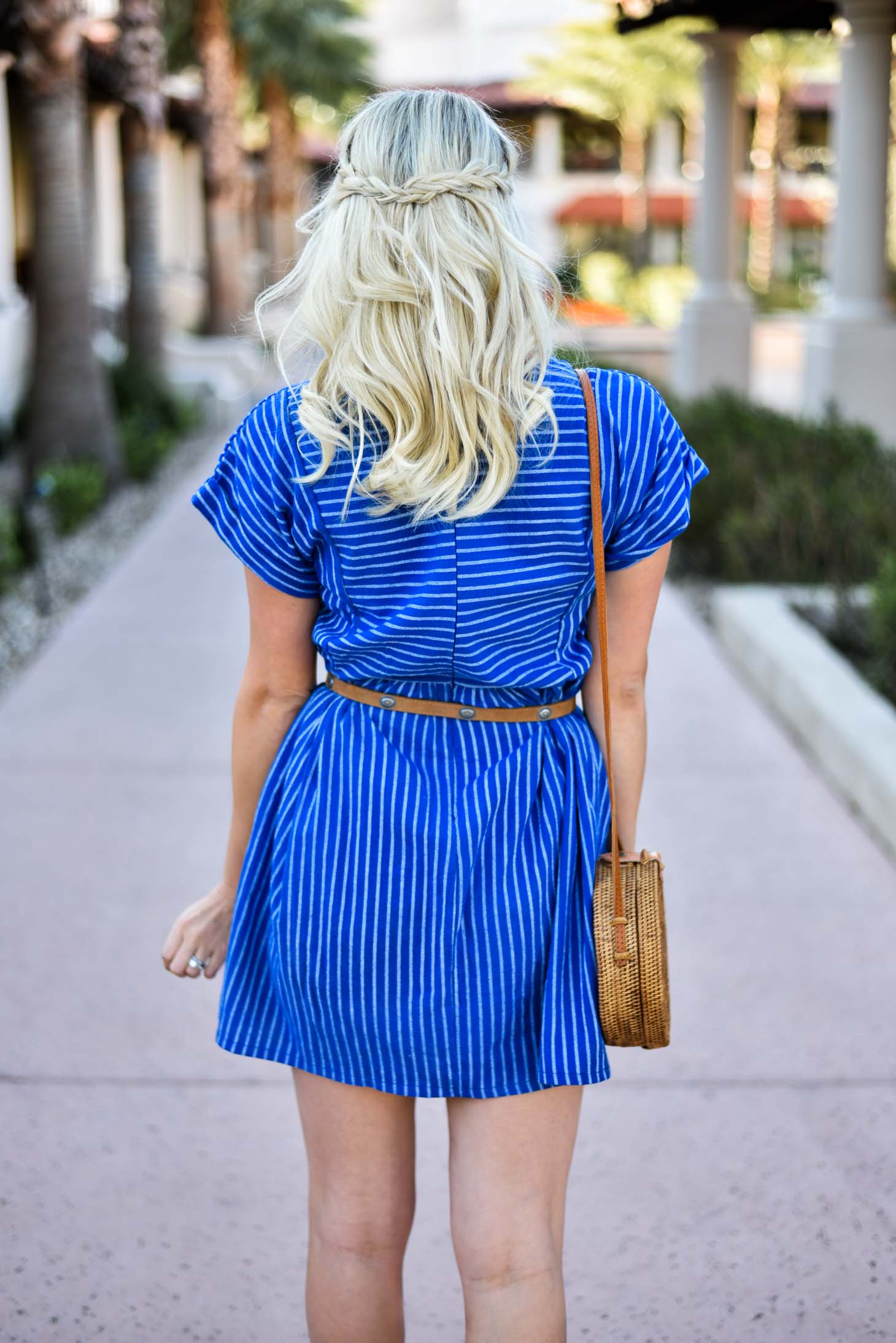 Erin Elizabeth of Wink and a Twirl in Spring Striped Blue Dress