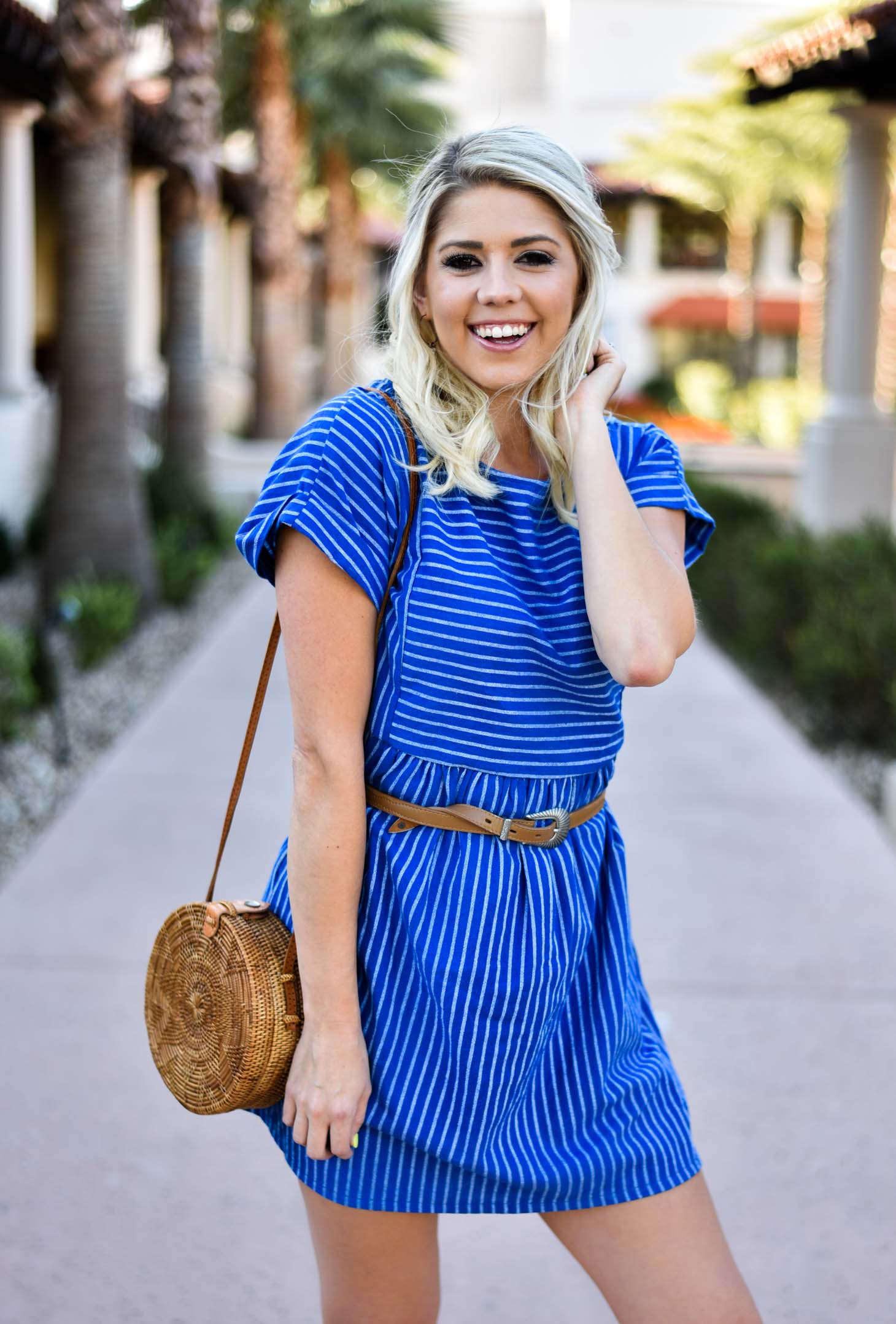 Erin Elizabeth of Wink and a Twirl in Spring Striped Blue Dress