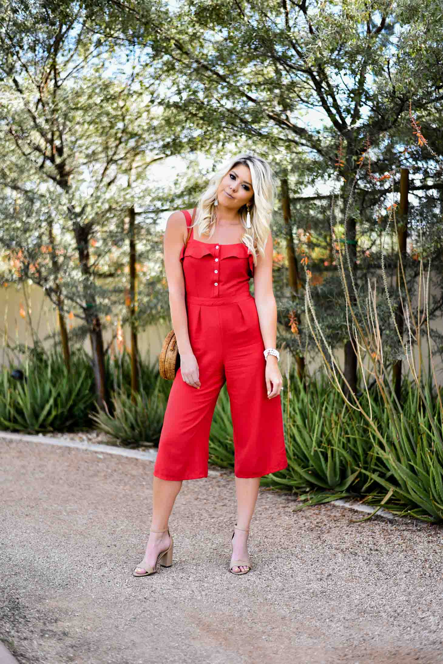Erin Elizabeth of Wink and a Twirl in Red Jumpsuit Red Dress Boutique