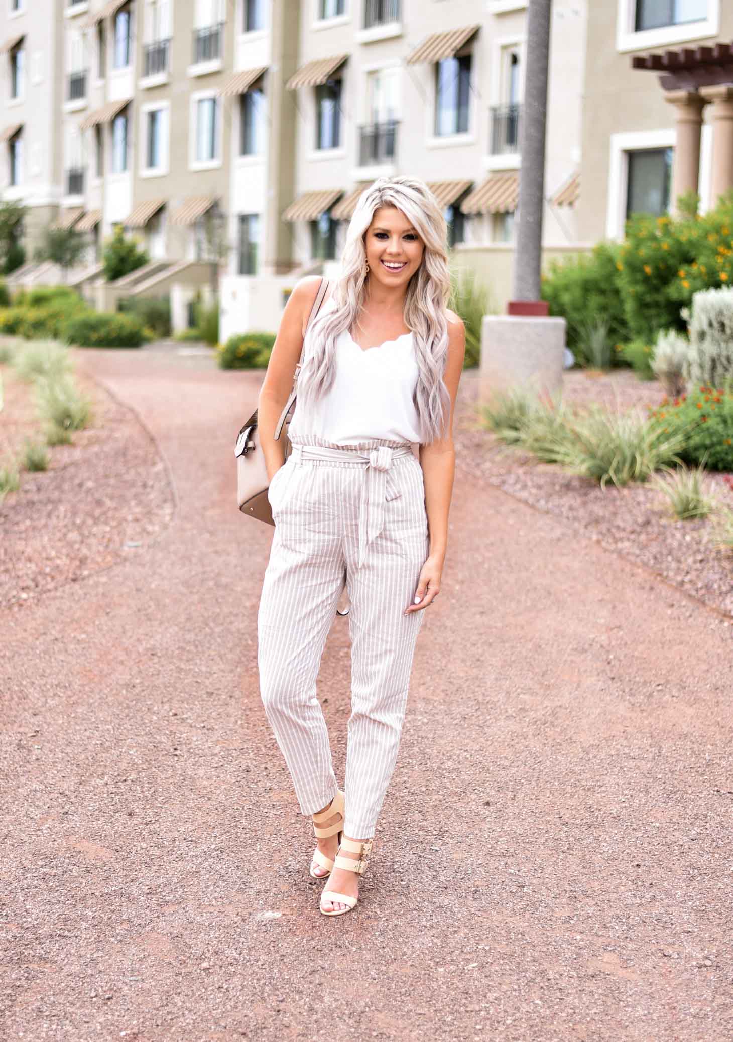 Erin Elizabeth of Wink and a Twirl shares this Red Dress Boutique look with the cutest highwaist pants ad white cami