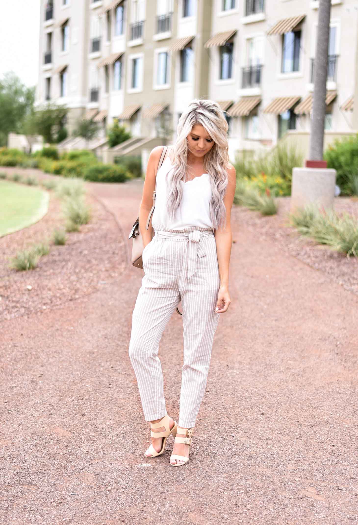 Erin Elizabeth of Wink and a Twirl shares this Red Dress Boutique look with the cutest highwaist pants ad white cami