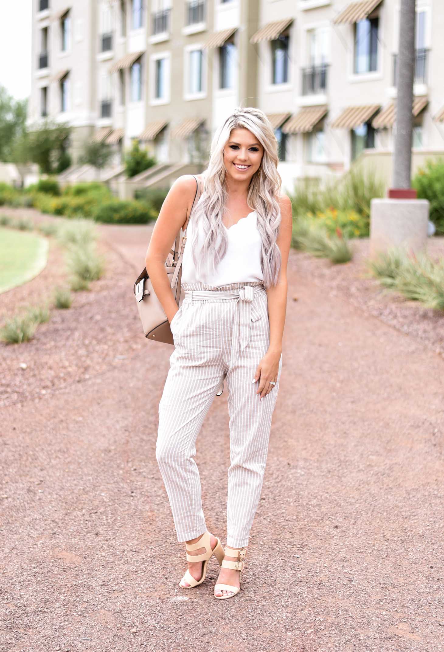 Erin Elizabeth of Wink and a Twirl shares this Red Dress Boutique look with the cutest highwaist pants ad white cami