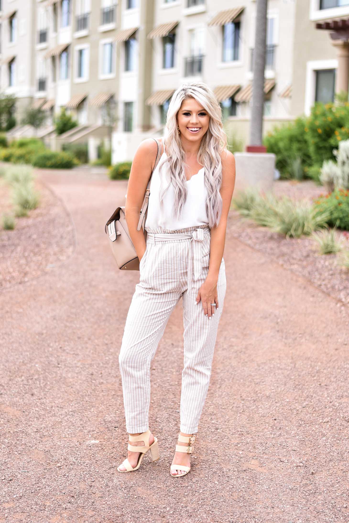 Erin Elizabeth of Wink and a Twirl shares this Red Dress Boutique look with the cutest highwaist pants ad white cami