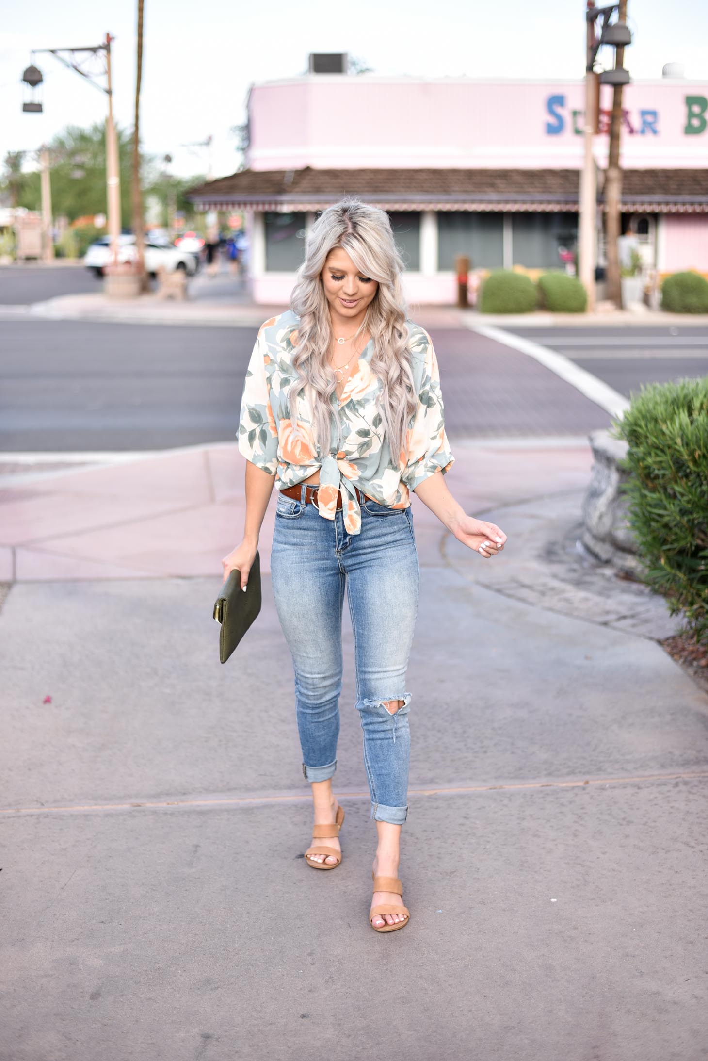 Erin Elizabeth of Wink and a Twirl share the cutest floral tie top from 8.28 Boutique 