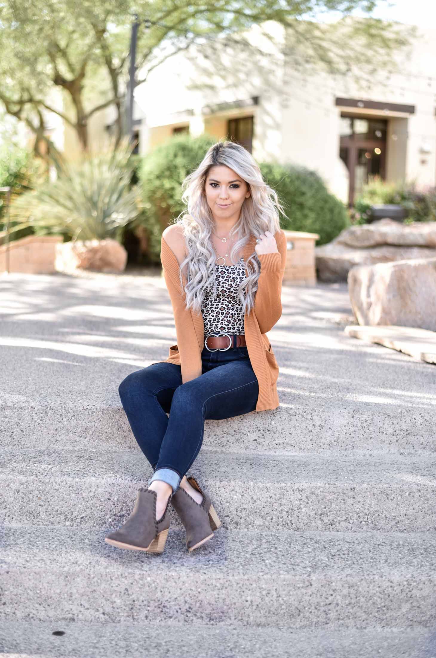 Erin Elizabeth of Wink and a Twirl share the perfect leopard tank with a must have cardigan from Pink Lily Boutique 