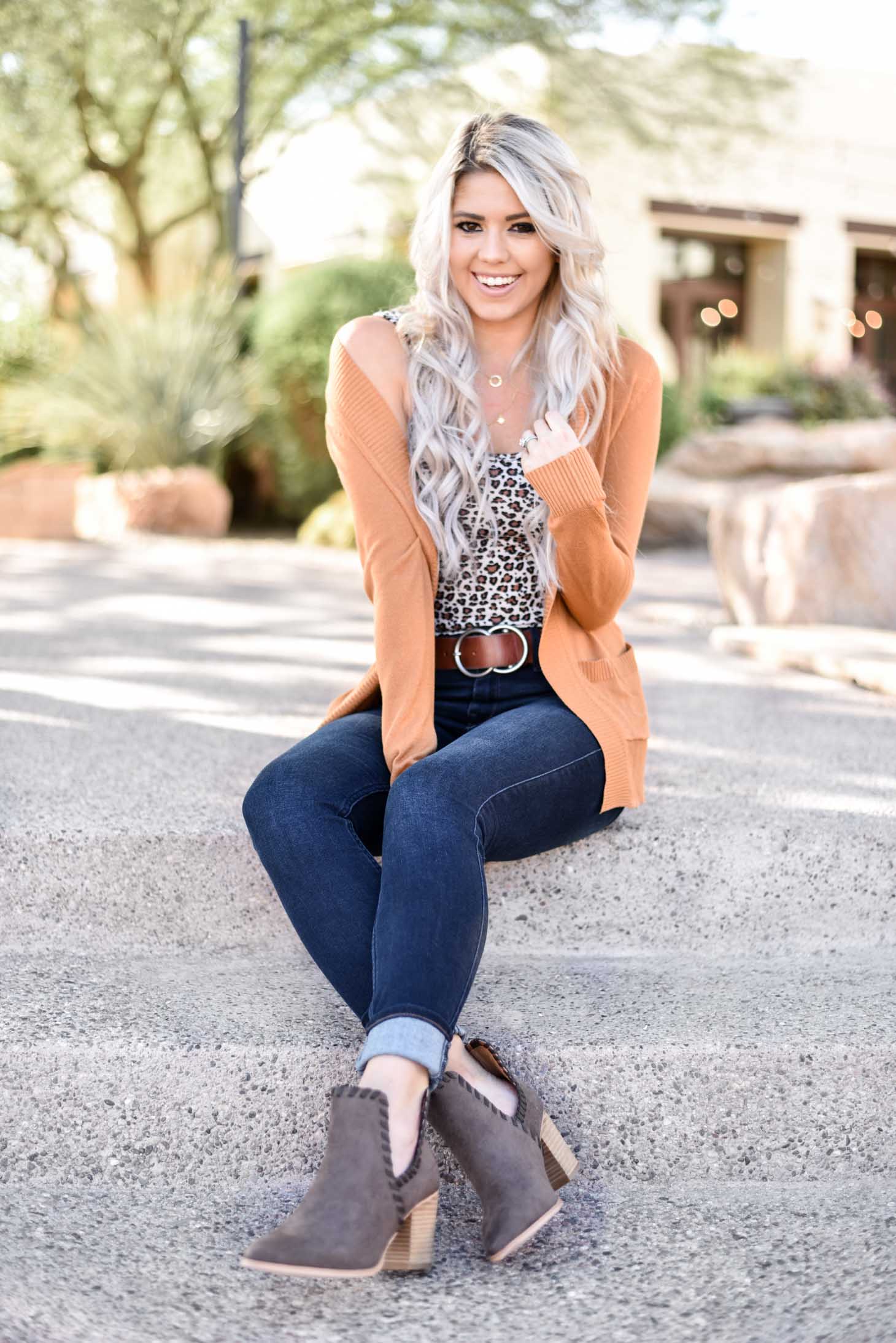 Erin Elizabeth of Wink and a Twirl share the perfect leopard tank with a must have cardigan from Pink Lily Boutique 