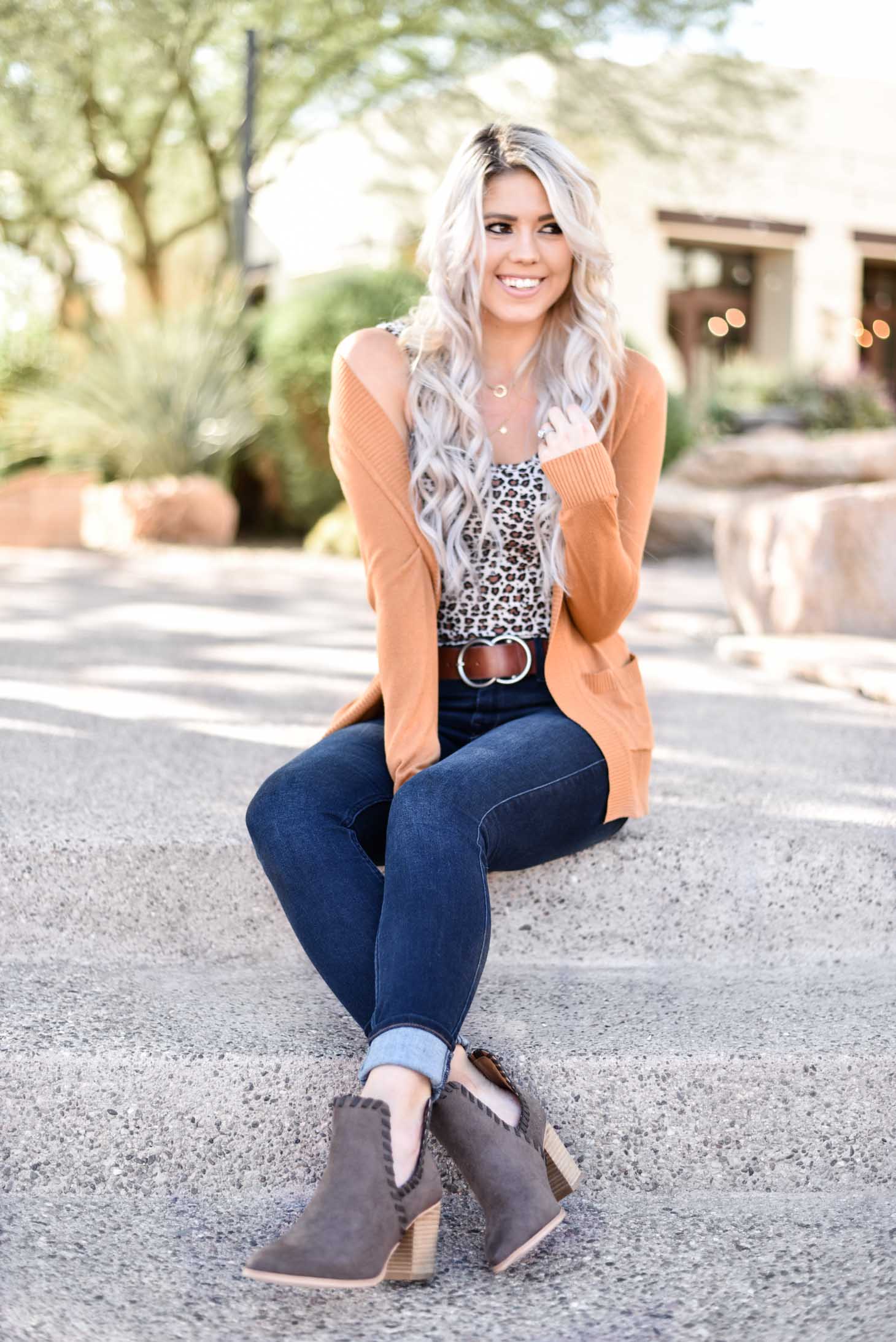 Erin Elizabeth of Wink and a Twirl share the perfect leopard tank with a must have cardigan from Pink Lily Boutique 