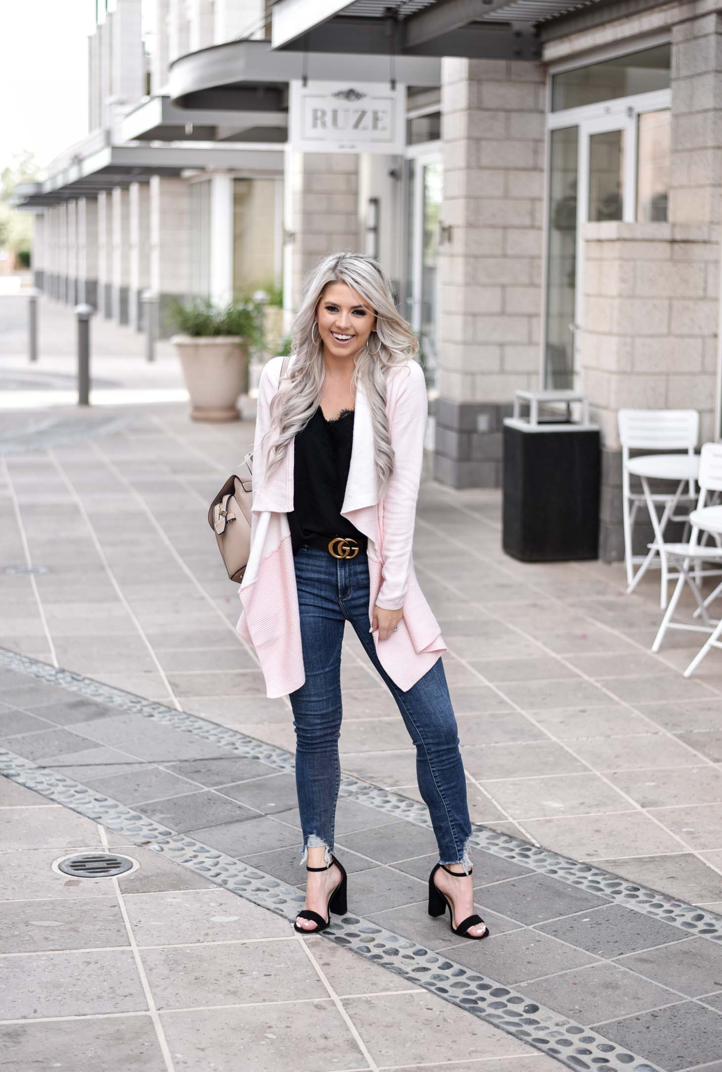 Erin Elizabeth of Wink and a Twirl shares the cutest pink cardigan from Chicwish - Perfect for pairing over jeans and a cami