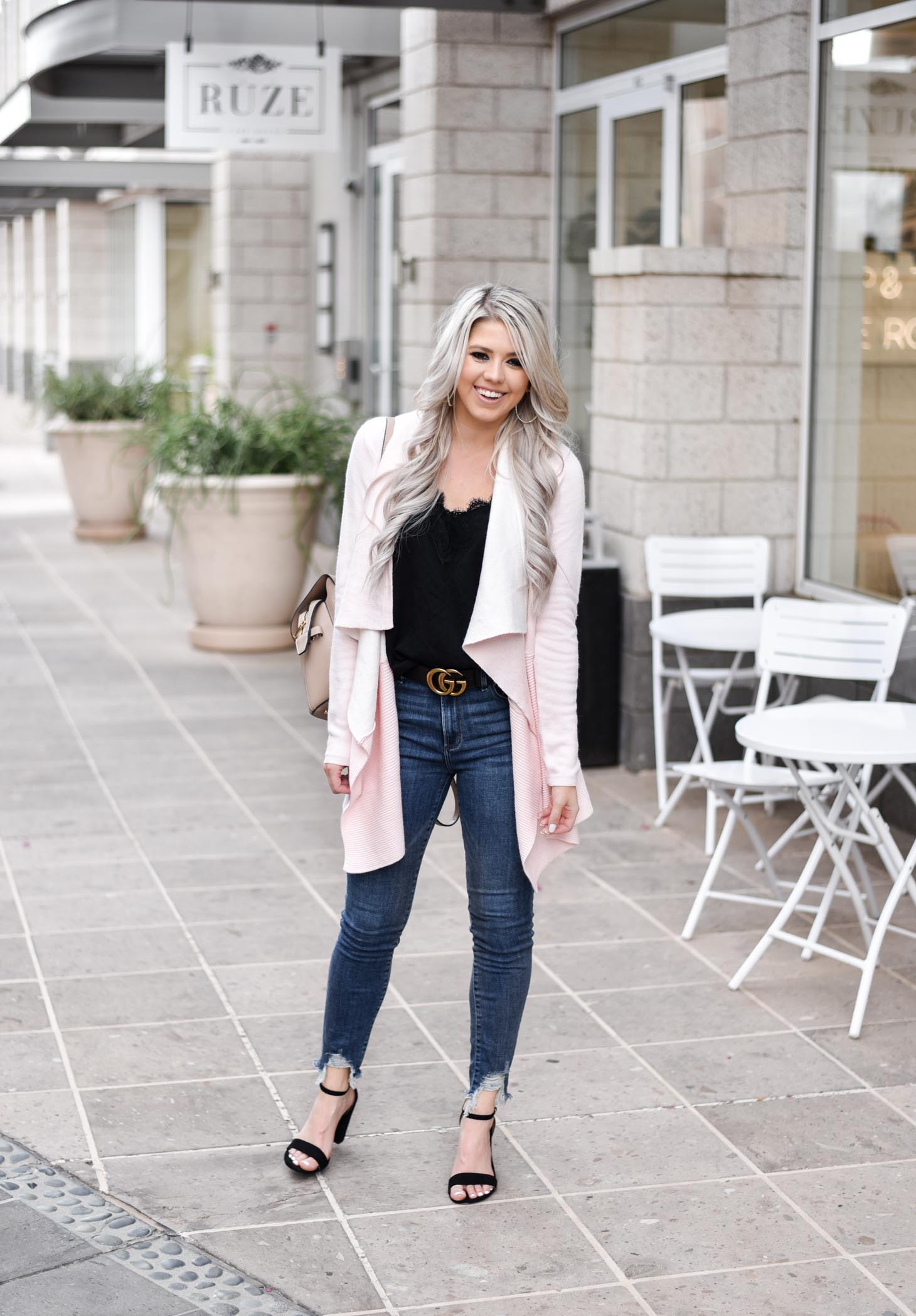 Erin Elizabeth of Wink and a Twirl shares the cutest pink cardigan from Chicwish - Perfect for pairing over jeans and a cami