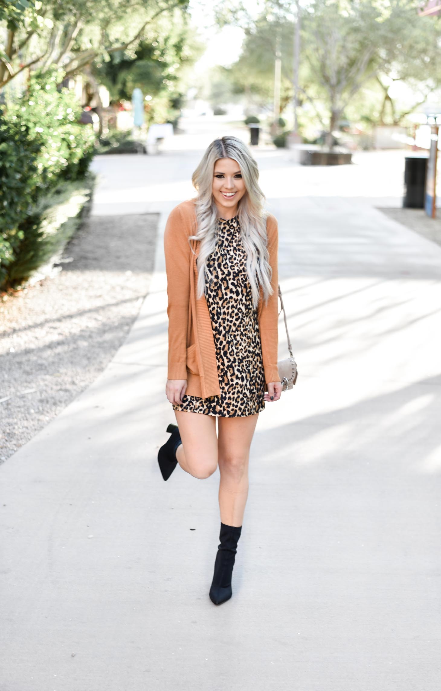 Erin Elizabeth of Wink and a Twirl shares the perfect leopard dress and cardigan from Pink Lily Boutique 