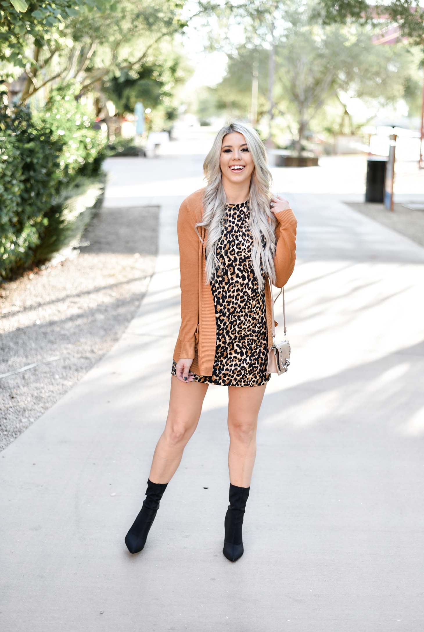 Erin Elizabeth of Wink and a Twirl shares the perfect leopard dress and cardigan from Pink Lily Boutique 