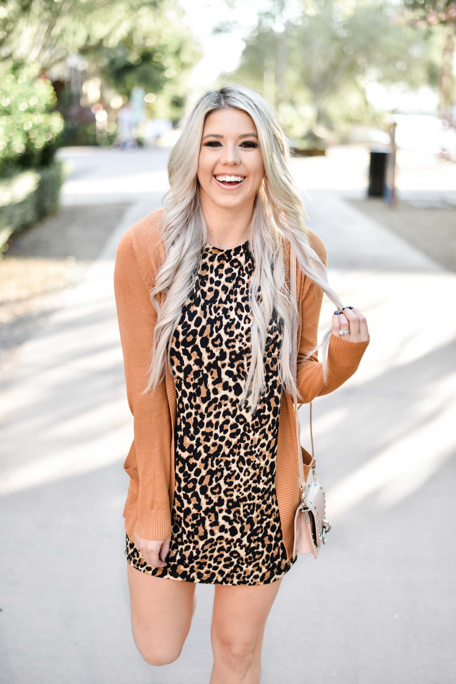 Erin Elizabeth of Wink and a Twirl shares the perfect leopard dress and cardigan from Pink Lily Boutique 
