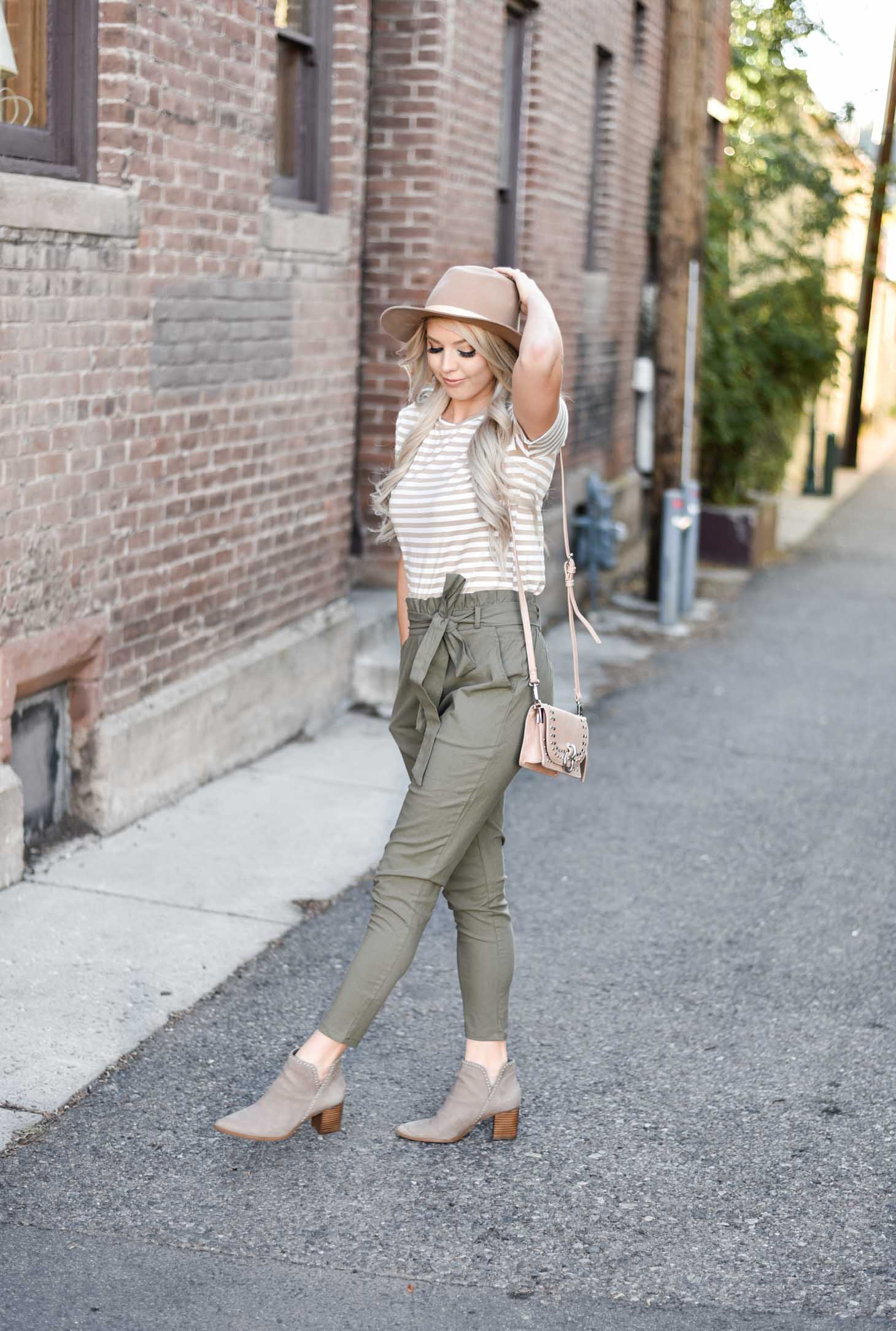 Erin Elizabeth of Wink and a Twirl shares the cutest high waist pants and striped top from Amaryllis Apparel