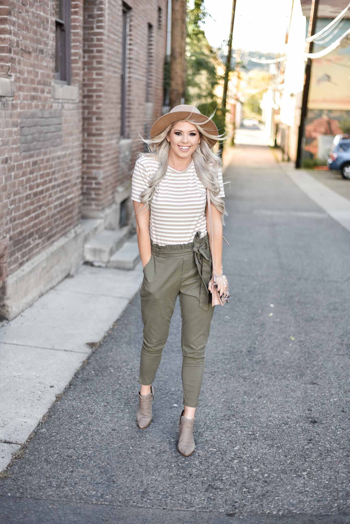 Erin Elizabeth of Wink and a Twirl shares the cutest high waist pants and striped top from Amaryllis Apparel