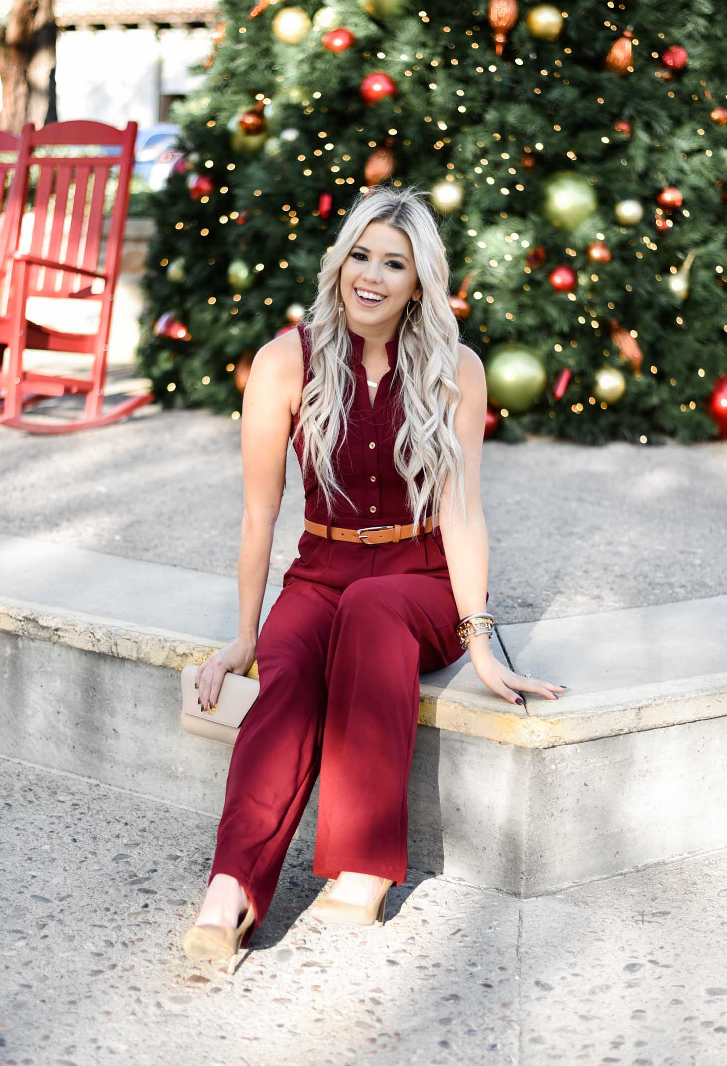 Erin Elizabeth of Wink and a Twirl share the perfect holiday jumpsuit from The Pink Lily Boutique