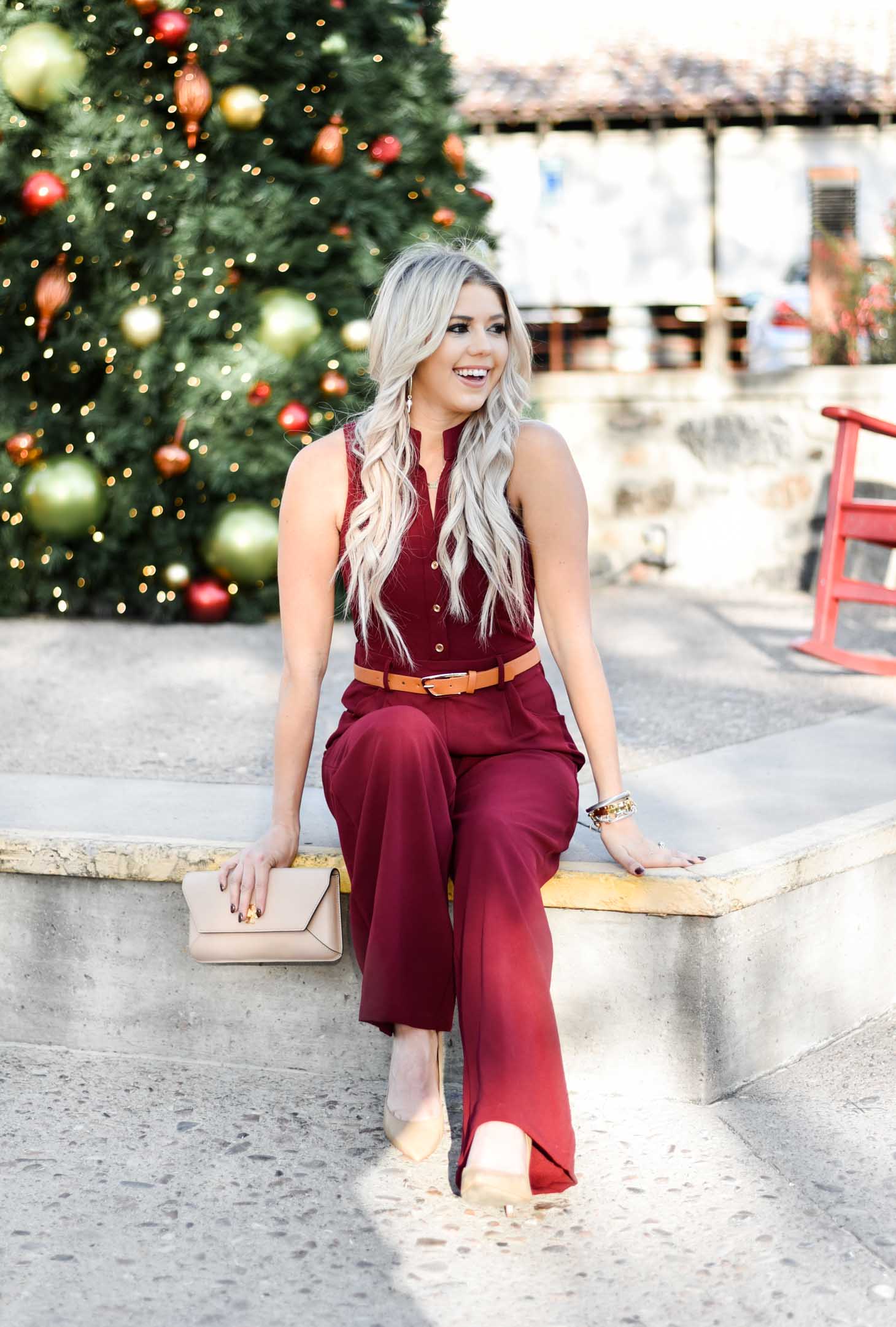 Erin Elizabeth of Wink and a Twirl share the perfect holiday jumpsuit from The Pink Lily Boutique