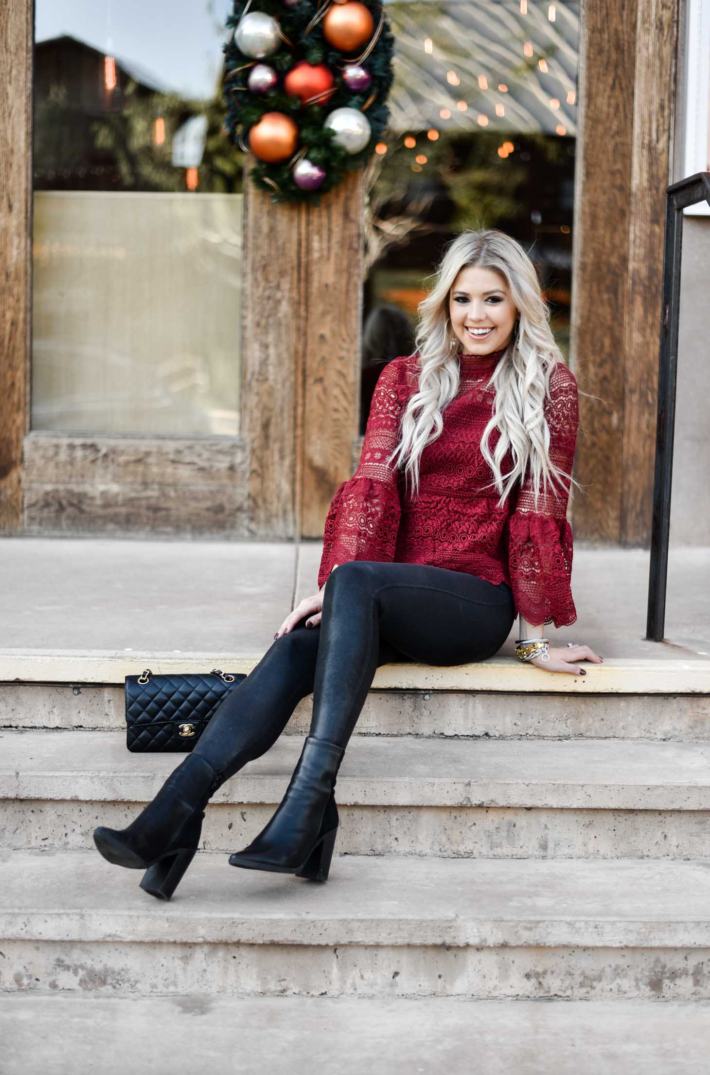 Erin Elizabeth of Wink and a Twirl shares the perfect comfortable holiday look with Spanx leggings and a fun holiday top from Chicwish