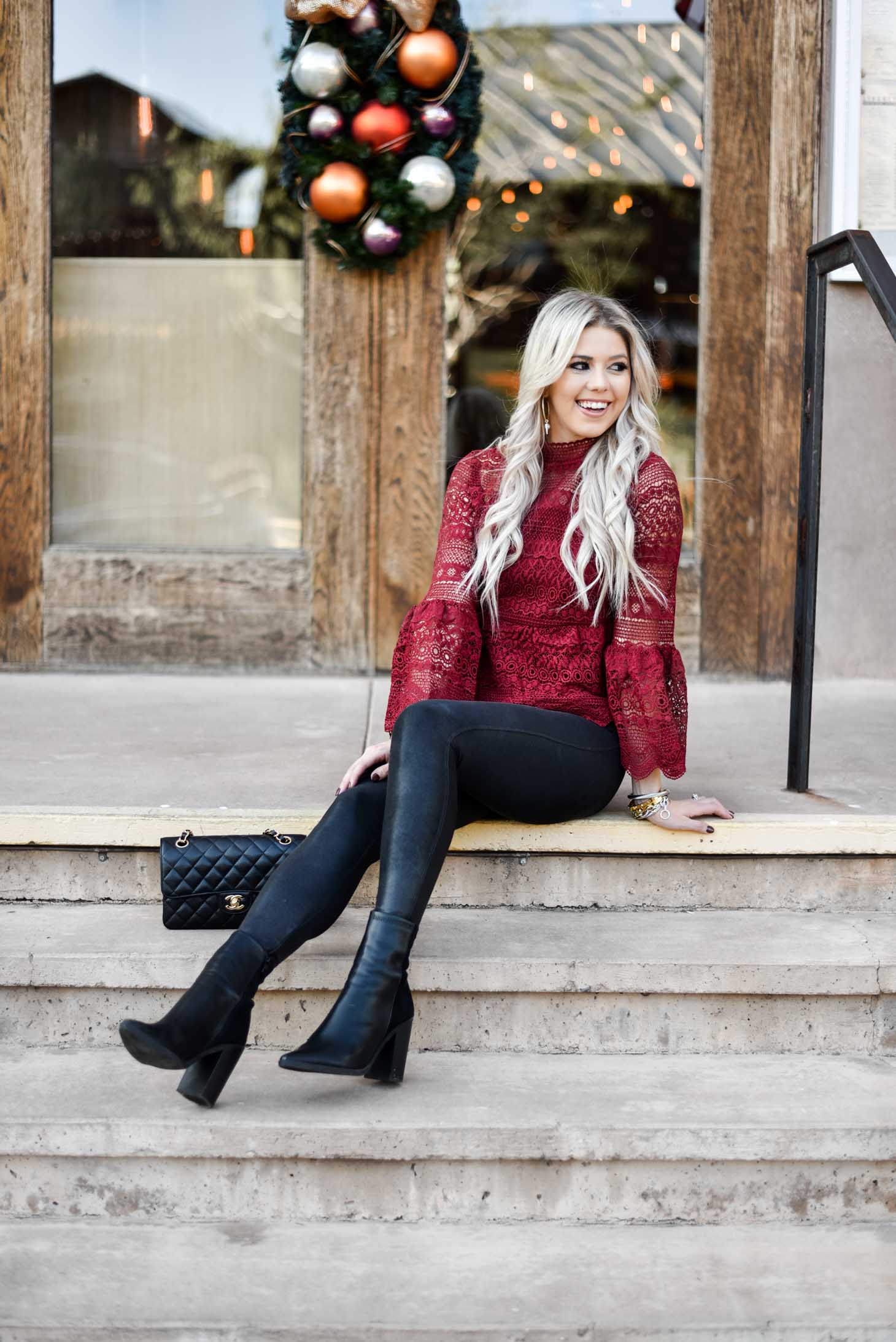 Erin Elizabeth of Wink and a Twirl shares the perfect comfortable holiday look with Spanx leggings and a fun holiday top from Chicwish