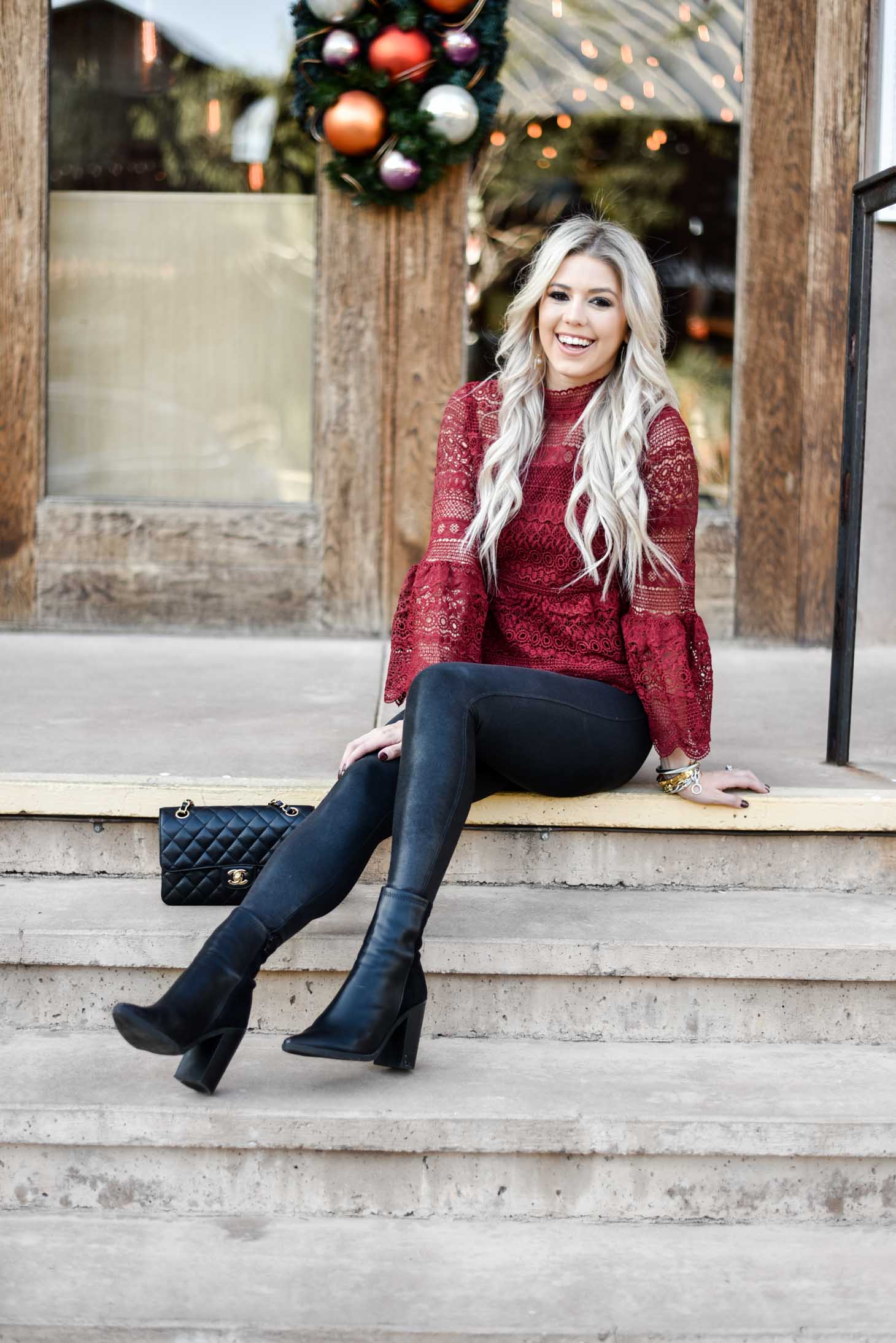 Erin Elizabeth of Wink and a Twirl shares the perfect comfortable holiday look with Spanx leggings and a fun holiday top from Chicwish