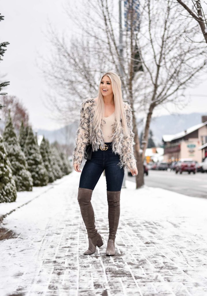 Erin Elizabeth of Wink and a Twirl share the perfect winter faux fur jacket from Windsor