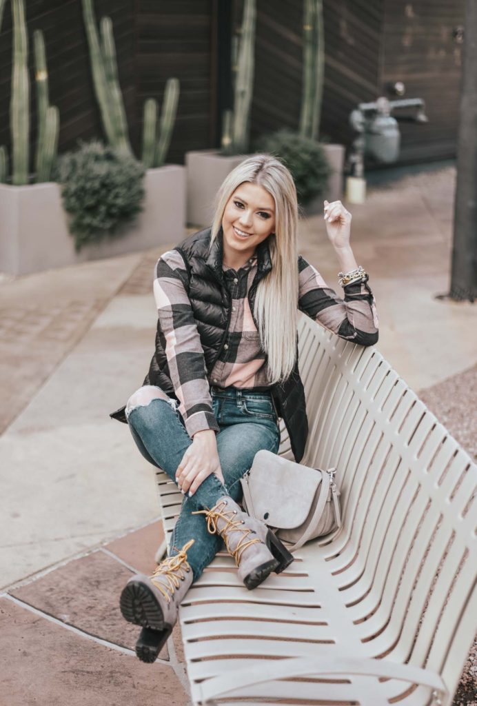 Erin Elizabeth of Wink and a Twirl shares the perfect plaid top and black puffer vest! A perfect casual, winter look!