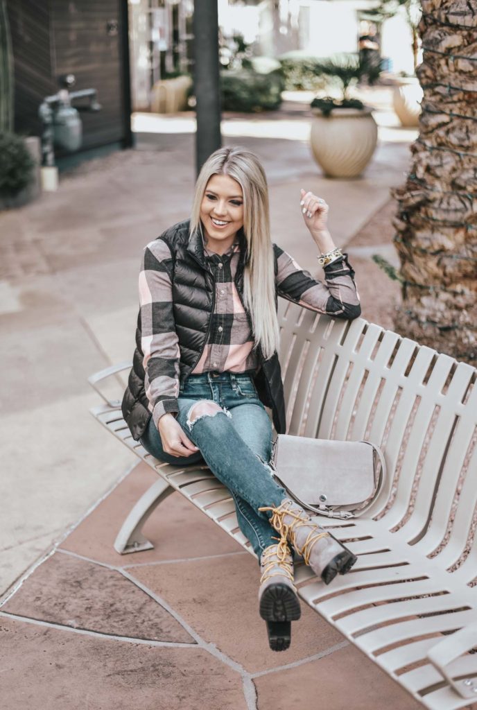 Erin Elizabeth of Wink and a Twirl shares the perfect plaid top and black puffer vest! A perfect casual, winter look!