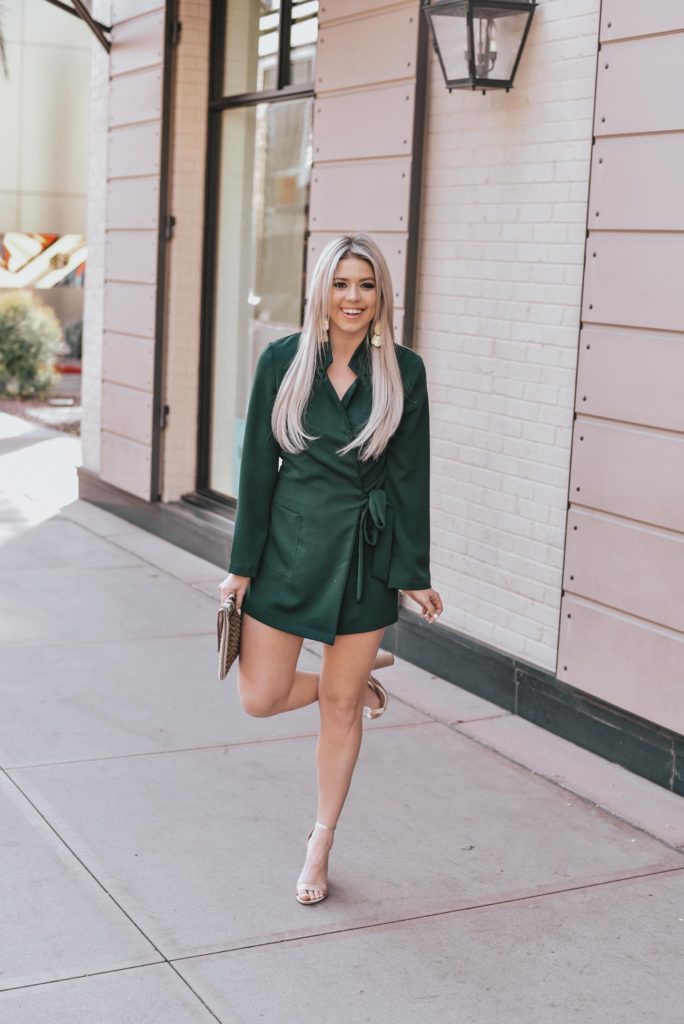 Erin Elizabeth of Wink and a Twirl shares the perfect green romper and gold accessories for a fun night out on the town with Lulus