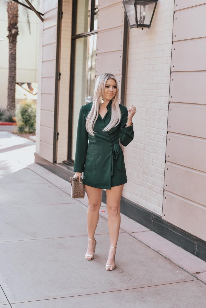 Erin Elizabeth of Wink and a Twirl shares the perfect green romper and gold accessories for a fun night out on the town with Lulus