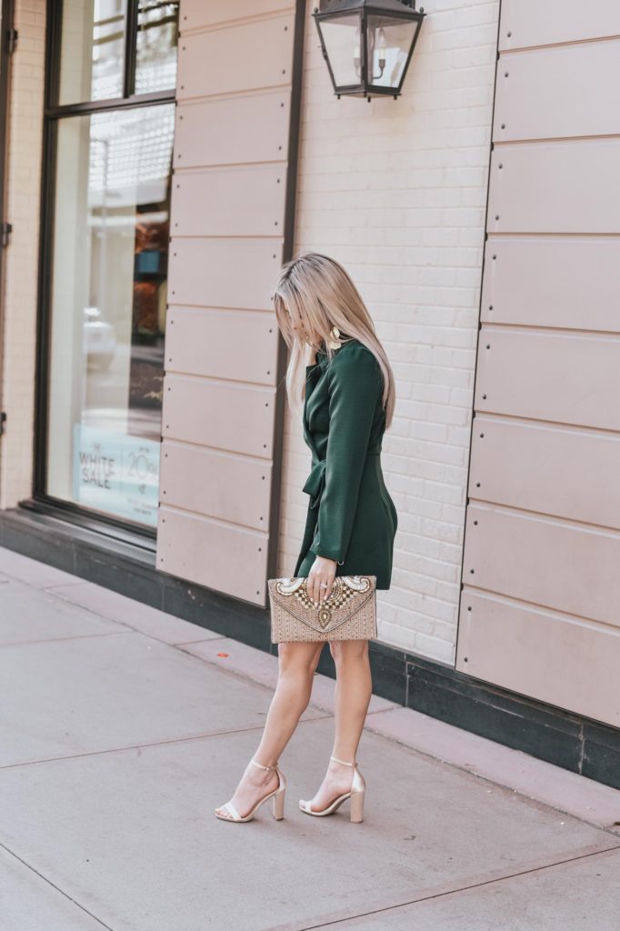 Erin Elizabeth of Wink and a Twirl shares the perfect green romper and gold accessories for a fun night out on the town with Lulus