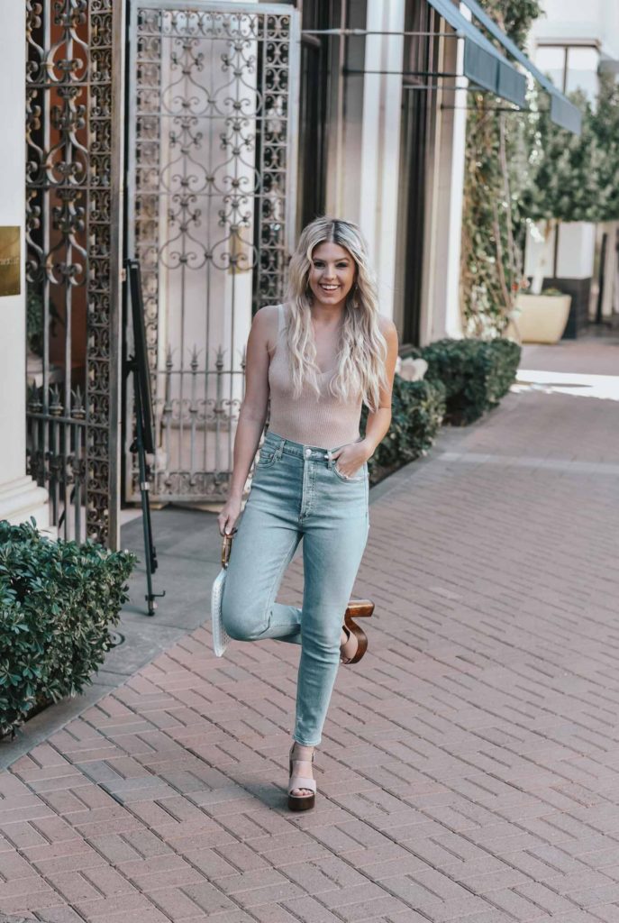 Erin Elizabeth of Wink and a Twirl shares the perfect sexy neutral bodysuit and high waist jeans from Lulus 