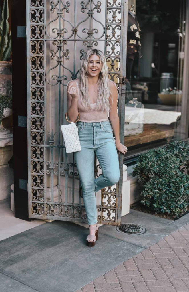 Erin Elizabeth of Wink and a Twirl shares the perfect sexy neutral bodysuit and high waist jeans from Lulus 