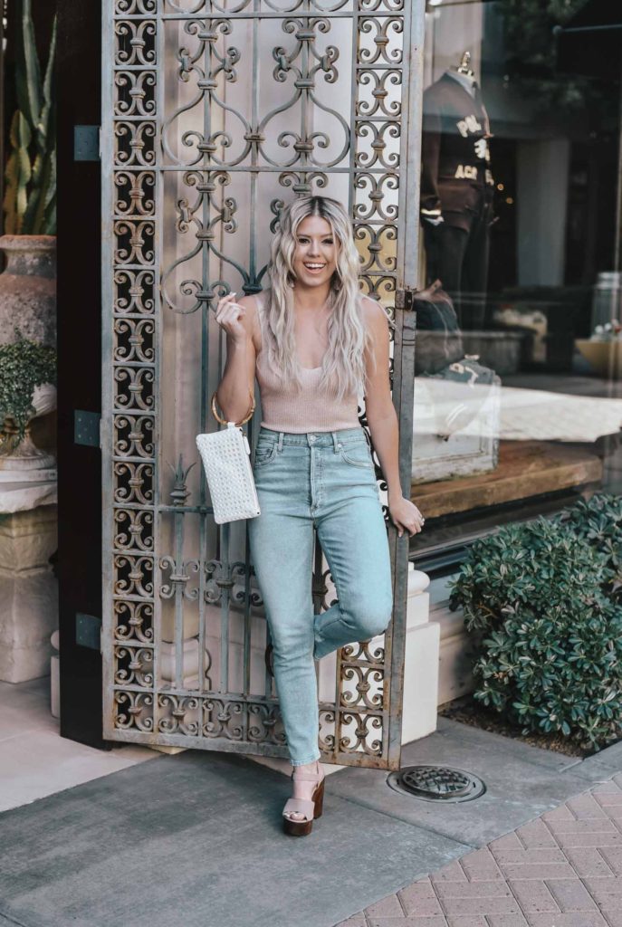 Erin Elizabeth of Wink and a Twirl shares the perfect sexy neutral bodysuit and high waist jeans from Lulus 