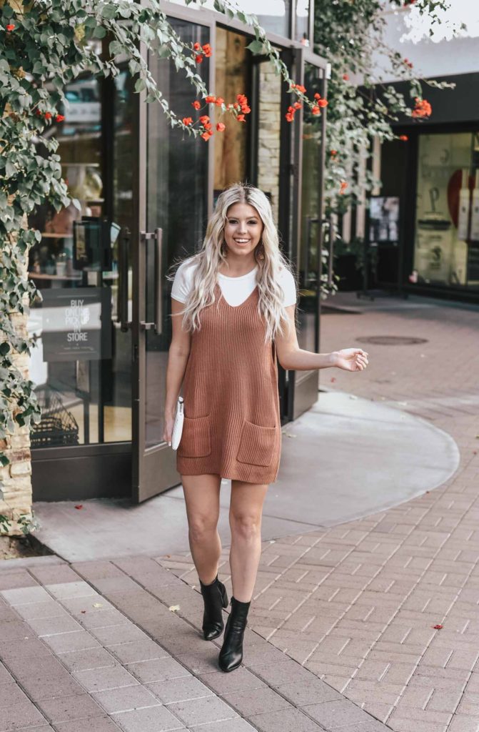 Erin Elizabeth of Wink and a Twirl shares the perfect sweater dress jumper and white tee look from Lulus!