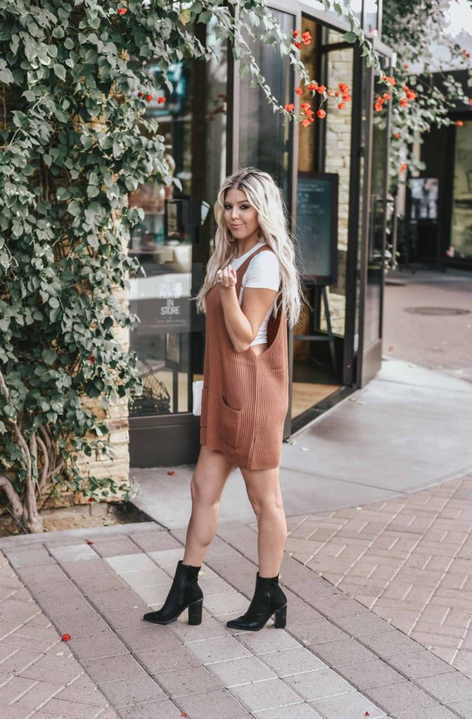 Erin Elizabeth of Wink and a Twirl shares the perfect sweater dress jumper and white tee look from Lulus!