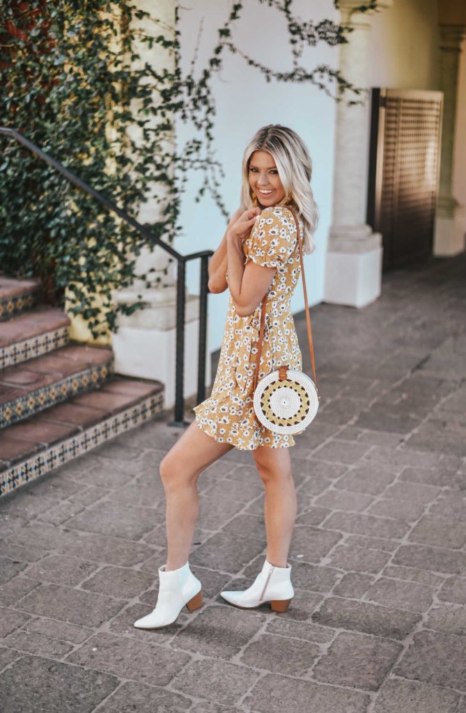 Erin Elizabeth of Wink and a Twirl shares the perfect Springtime dress and white booties from Lulus 