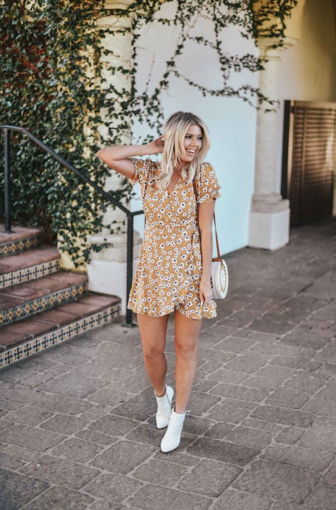 Erin Elizabeth of Wink and a Twirl shares the perfect Springtime dress and white booties from Lulus 