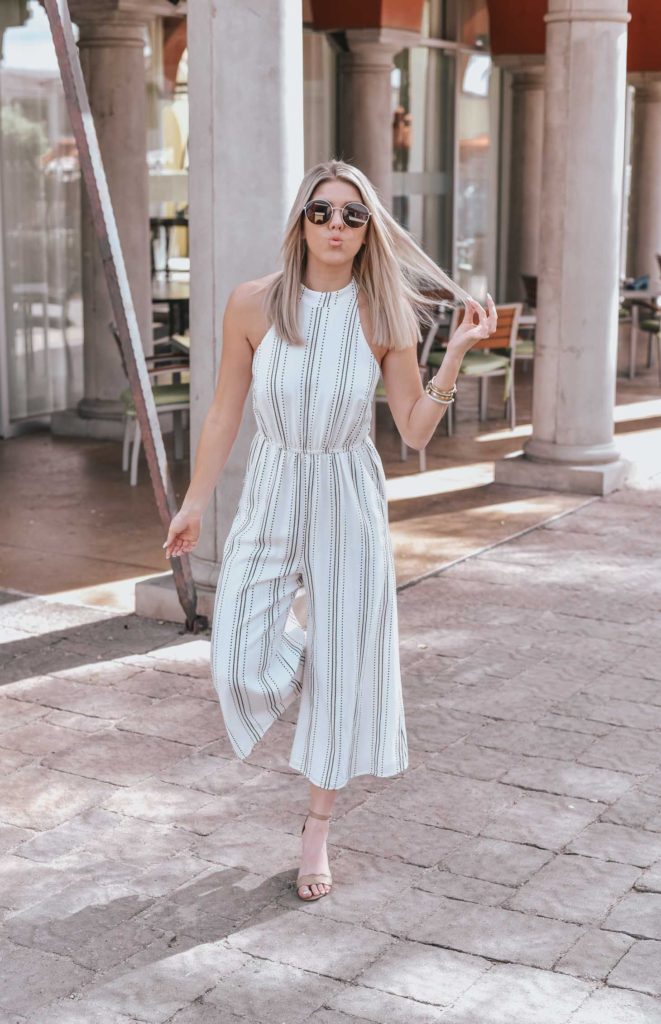 Erin Elizabeth of Wink and a Twirl shares the perfect neutral open back jumpsuit for Spring from 2 Be Bella