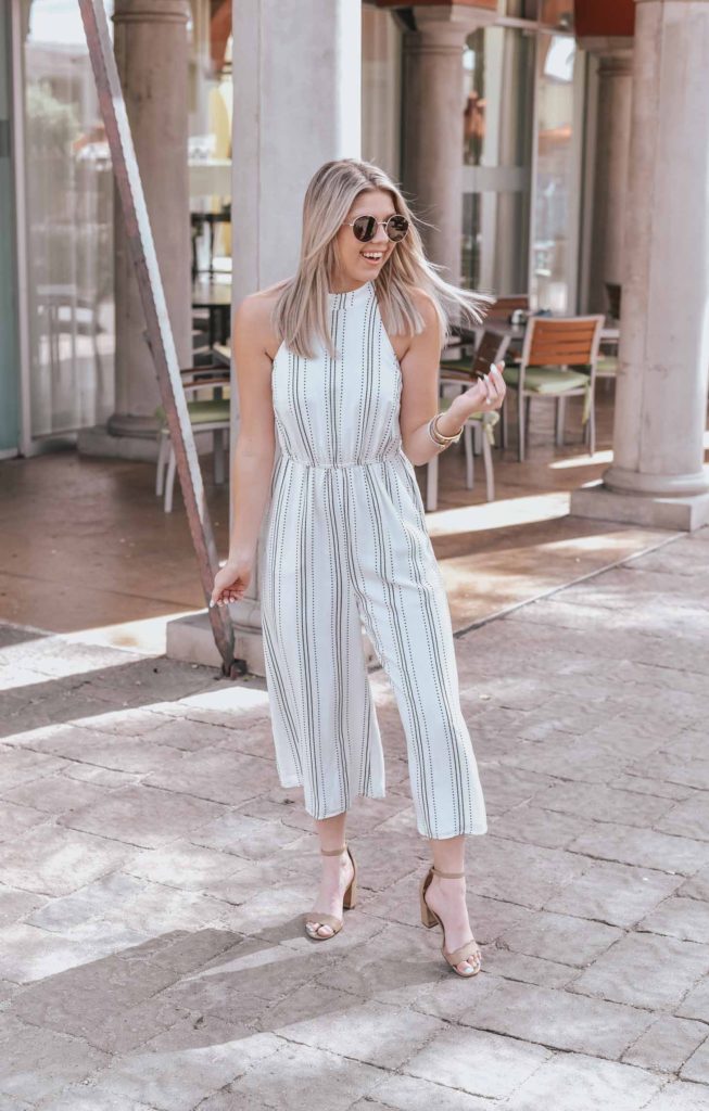 Erin Elizabeth of Wink and a Twirl shares the perfect neutral open back jumpsuit for Spring from 2 Be Bella