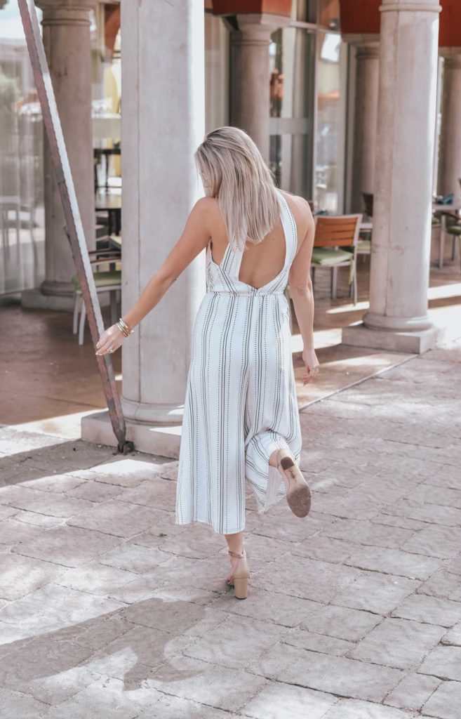 Erin Elizabeth of Wink and a Twirl shares the perfect neutral open back jumpsuit for Spring from 2 Be Bella