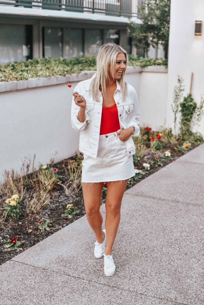 Erin Elizabeth of Wink and a Twirl shares the cutest white denim look from Lulus