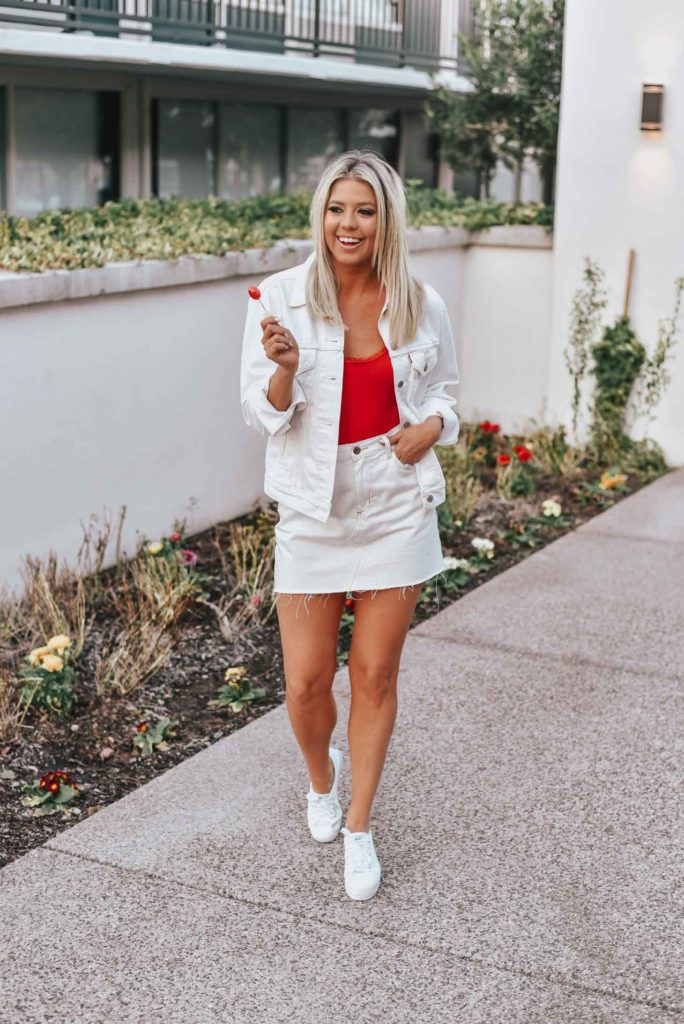 White denim skirt and sales jacket