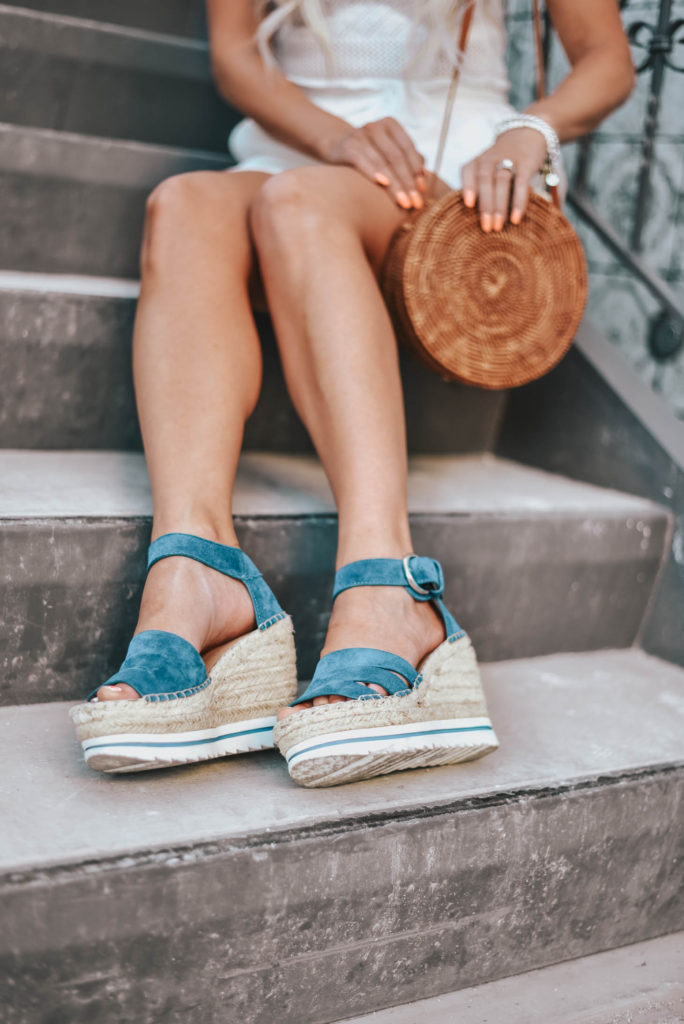 Erin Elizabeth of Wink and a Twirl shares the perfect all white look with a pop of blue with these Marc Fisher Espadrille Wedges